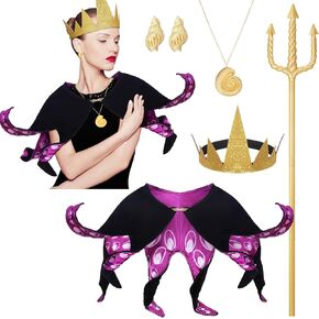 Ferraycle 5 Pcs Women's Halloween Sea Costume Purple Octopus Cosplay Costume Accessory Sets Purple Tentacle Shawl Headband Mermaid Shell Necklace Seashell Earrings Trident Gold Sea Witch Jewelry