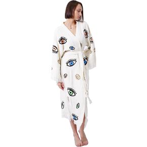 Handmade Evil Eye Boho Festival Kimono Boho Beachwear Beachwear Cover Up Ethnic Kimono Cardigan Bathrobe Morning Robe Spa Robe