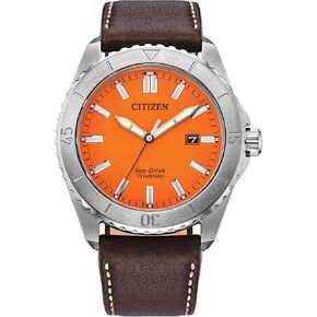 Citizen Men's Eco-Drive Weekender Sport Casual, Silver-Tone Stainless Steel Watch, Brown Leather Strap, Orange Dial (Model: AW1840-09X)
