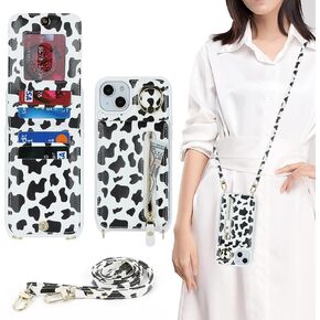 iPhone 13 Phone case with Card Holder for Women, iPhone 13 Wallet case with Strap Credit Card Slots Crossbody with Kickstand Zipper Shockproof Case for iphone13 - White Leopard