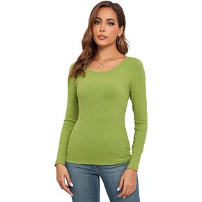 Women's Long Sleeve Tops Ribbed Crew Neck Slim Fit Underscrubs Layer T-Shirts Blouse