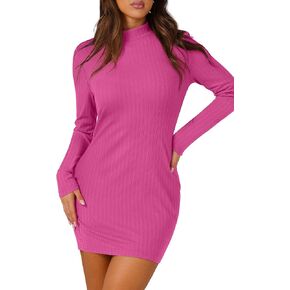 WIHOLL Womens Mock Neck Bodycon Dresses Long Sleeve Mini Dress Slim Fit Casual