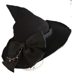 Rose Witch Hat Lolita Knit Witch Hat for Women Girls Wide-Brimmed Hat for Halloween Party