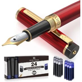 Dryden Designs Medium Nib Fountain Calligraphy Pen |12 Black & 12 Blue with Ink Refill Converter| No Leak, Smooth Flow, Consistent Writing | Left-and Right-Handed | Royal Red