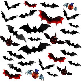 93PCS Halloween Bats Decoration, 7 Different Sizes 3D Bats Wall Decor Reusable PVC Black and Red Scary Bat Sticker for Halloween Party Supplies Creepy Home Bathroom Decor