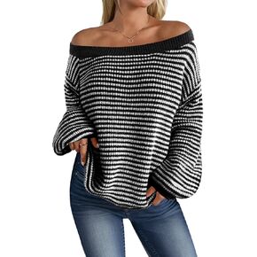MARZXIN Women's 2024 Fall Long Sleeve Sweaters Casual Loose Striped Off Shoulder Casual Oversized Knitted Sweater Pullovers