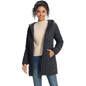 ZMC Women's Packable Puffer Jacket, Water-Resistant Hooded Puffer Jacket Lightweight Mid-Length Winter Puffer Coat