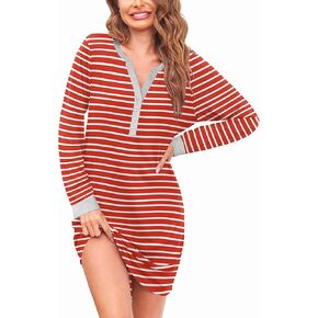 Ekouaer Women's Nightgown Long Sleeve Sleepshirt Button Down Nightshirt V Neck Pajama Dress with Pockets S-XXL