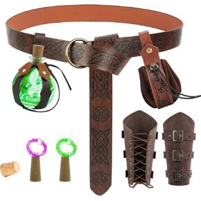 Renaissance Accessories, Medieval Vintage Belt Pouch, Leather Bracers and Cork Potion Bottle Belt with Green Purple Lights