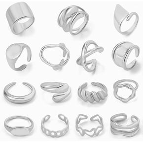 15 Pcs Chunky Gold Rings Set for Women, 18K Gold Plated Open Knuckle Stackable Rings, Adjustable Dome Signet Rings, That Don't Tarnish Gold Rings Jewelry Pack for Christmas Gifts-Size 7-9
