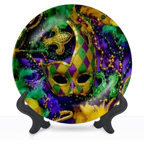 Decorative Plates Mardi Gras Colorful Masks Decorations on a Purple Wall Decor Ceramic Ornament with Display Stand and Hook Up for Festival, Parties, Wedding 10", Collector Plate