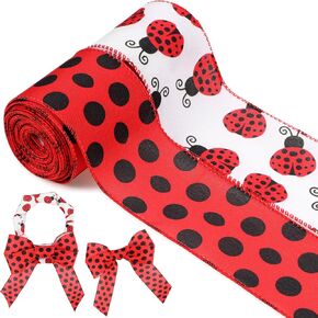 2 Rolls Ladybug Ribbons Red Polka Dot Fabric Ribbon 2.5 Inch X 10 Yards Wired Edge Ribbon for Wreath Bows Spring Ladybird Burlap Wired Ribbons for Gift Wrapping DIY Crafts Sewing Party Decoration