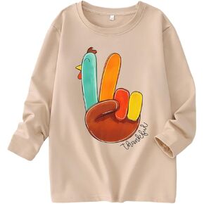 Thanksgiving Shirts for Kids Girls Boys Funny Turkey Long Sleeve T-Shirt Fall Thankful Casual Tee Tops 7-12Years