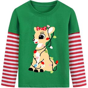 Toddler Girl Christmas T-Shirt Kid Xmas Ugly Reindeer Santa Claus Snowman Shirt Long Sleeve Strip Patchwork Cooton Tee Top