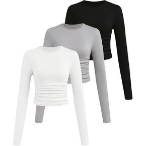 Floerns Girl's 3 Pcs Long Sleeve T Shirts Round Neck Ruched Solid Tee Shirts