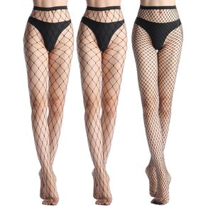 جوارب YAGAXI Fishnet للنساء - 3 أزواج سوداء عالية الخصر مثيرة شبكية الفخذ عالية الجوارب شبكة السمك جوارب طويلة مقاس واحد in Kuwait