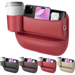 2024 Car Leather Cup Holder Gap Bag, Seat Gap Storage Box, Adjustable Car Seat Storage Box, Car Seat Gap Organizerwith Cup Holder, for Glasses Phones Keys and Cards (Passenger Side Beige)
