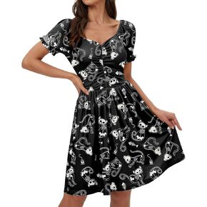 For G and PL Women's Halloween 1950s Ruched Puff Sleeve Outfit Sweetheart Neckline Swing Dress