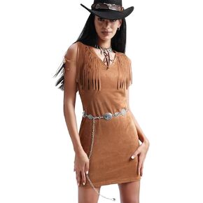 Dilgul Women's Fall Faux Suede Vintage V Neck Sleeveless Fringe Dress Cowgirl Outfit