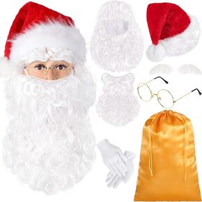 SATINIOR Christmas Santa Costume Set Includes Christmas Santa Hat Santa Beard Wig with White Eyebrow White Winter Gloves Santa Claus Glasses Santa Present Bag for Christmas Holiday Costume (Gold Bag)