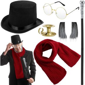 Mepase 6 Pcs Men's Costume Accessories Include Top Hat Fake Beard Red Scarf Gold Glasses Silver Walking Cane Candle Holder for Halloween Christmas Cosplay Party