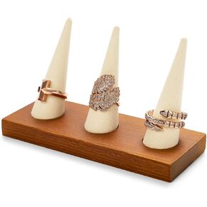 Solid Wood Jewelry Ring Display Stands Microfiber 3-Cone Ring Display Showcase(Beige)