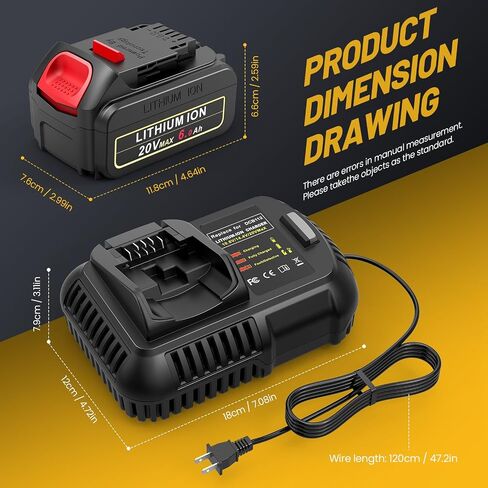 Futurebatt 20V Max Battery for DEWALT 20-Volt MAX Tools 6.0Ah الليثيوم استبدال البطارية DCB206 DCB205 DCB204 DCB203 DCB201 DCB200 DCB181 DCB180 DCD DCF DCG DCS Series in Kuwait