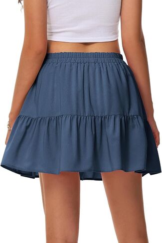 Womens Elastic High Waist Tiered Mini Skirt with Shorts Underneath Cute Boho Pleated Ruffle Skirt with Pockets in Kuwait