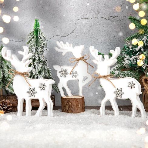 3Pcs Cute Christmas Tiered Tray Decor Indoor, Wooden Farmhouse Reindeer Christmas Tabletop Decorations Xmas Centerpiece, Rustic Reindeer Sign Standing Elk Decor for Christmas Home Shelf (White) in Saudi Arabia