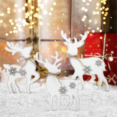3Pcs Cute Christmas Tiered Tray Decor Indoor, Wooden Farmhouse Reindeer Christmas Tabletop Decorations Xmas Centerpiece, Rustic Reindeer Sign Standing Elk Decor for Christmas Home Shelf (White) in Saudi Arabia