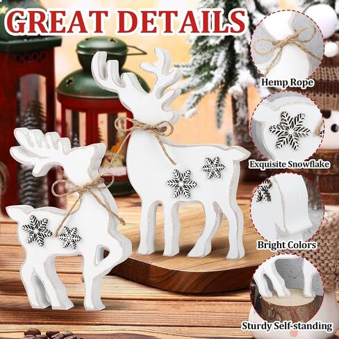 3Pcs Cute Christmas Tiered Tray Decor Indoor, Wooden Farmhouse Reindeer Christmas Tabletop Decorations Xmas Centerpiece, Rustic Reindeer Sign Standing Elk Decor for Christmas Home Shelf (White) in Saudi Arabia