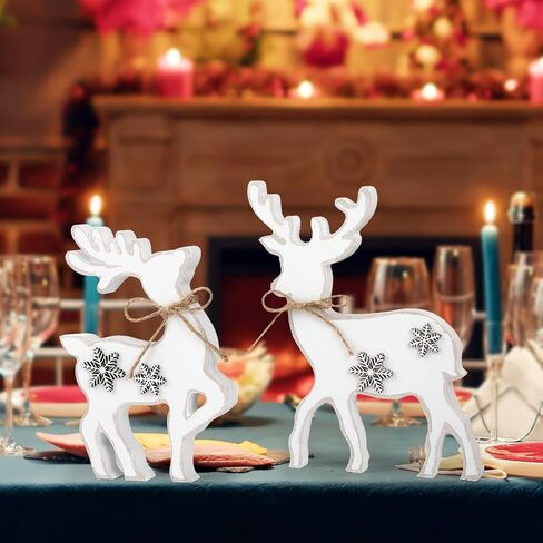 3Pcs Cute Christmas Tiered Tray Decor Indoor, Wooden Farmhouse Reindeer Christmas Tabletop Decorations Xmas Centerpiece, Rustic Reindeer Sign Standing Elk Decor for Christmas Home Shelf (White) in Saudi Arabia