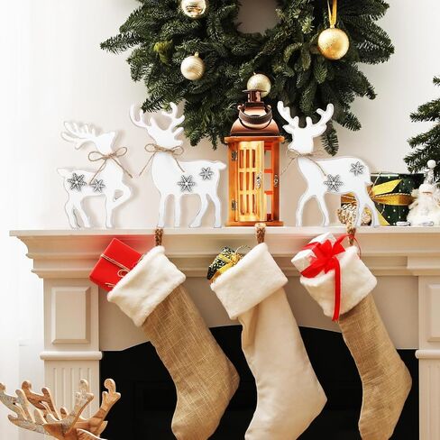 3Pcs Cute Christmas Tiered Tray Decor Indoor, Wooden Farmhouse Reindeer Christmas Tabletop Decorations Xmas Centerpiece, Rustic Reindeer Sign Standing Elk Decor for Christmas Home Shelf (White) in Saudi Arabia