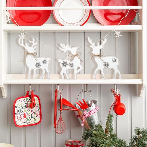 3Pcs Cute Christmas Tiered Tray Decor Indoor, Wooden Farmhouse Reindeer Christmas Tabletop Decorations Xmas Centerpiece, Rustic Reindeer Sign Standing Elk Decor for Christmas Home Shelf (White) in Saudi Arabia