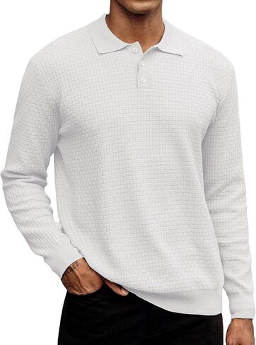 Hardaddy Men's Knit Polo Shirts Long Sleeve Knitted Button Up Pullover Sweater Polo Textured Casual Collared Tops in Saudi Arabia