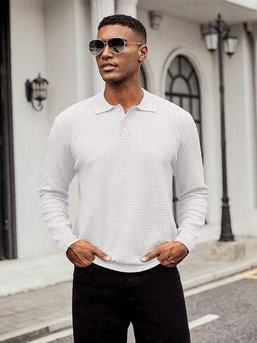 Hardaddy Men's Knit Polo Shirts Long Sleeve Knitted Button Up Pullover Sweater Polo Textured Casual Collared Tops in Saudi Arabia