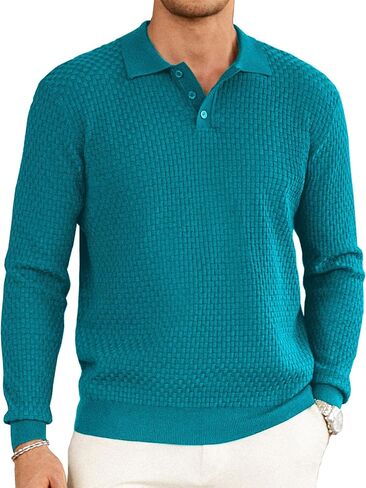 Hardaddy Men's Knit Polo Shirts Long Sleeve Knitted Button Up Pullover Sweater Polo Textured Casual Collared Tops in Saudi Arabia