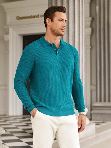 Hardaddy Men's Knit Polo Shirts Long Sleeve Knitted Button Up Pullover Sweater Polo Textured Casual Collared Tops in Saudi Arabia