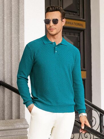 Hardaddy Men's Knit Polo Shirts Long Sleeve Knitted Button Up Pullover Sweater Polo Textured Casual Collared Tops in Saudi Arabia