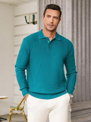 Hardaddy Men's Knit Polo Shirts Long Sleeve Knitted Button Up Pullover Sweater Polo Textured Casual Collared Tops in Saudi Arabia