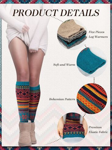 5 Pairs Vintage Boho Long Leg Warmers for Women Girls Knitted Warm Leg Warmers Boot Cuffs Socks in Kuwait
