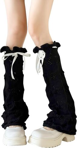 WODECASA Knit Leg Warmers Y2K Hollow Out Knee High Flared Socks Drawstring Ruffled Cuffs Leg Cover for Women Girls in Saudi Arabia