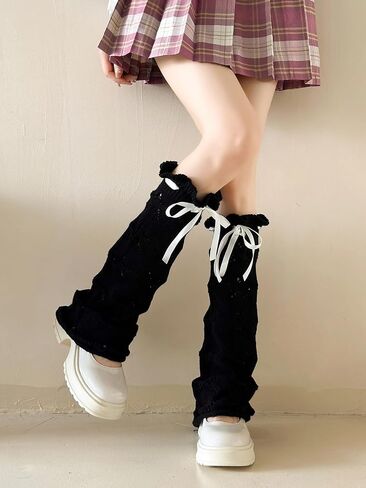 WODECASA Knit Leg Warmers Y2K Hollow Out Knee High Flared Socks Drawstring Ruffled Cuffs Leg Cover for Women Girls in Saudi Arabia