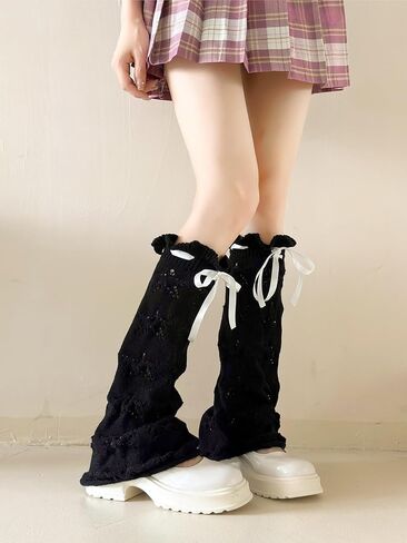 WODECASA Knit Leg Warmers Y2K Hollow Out Knee High Flared Socks Drawstring Ruffled Cuffs Leg Cover for Women Girls in Saudi Arabia