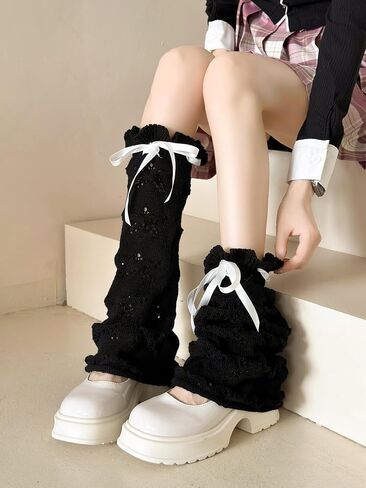 WODECASA Knit Leg Warmers Y2K Hollow Out Knee High Flared Socks Drawstring Ruffled Cuffs Leg Cover for Women Girls in Saudi Arabia