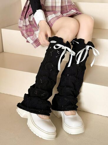 WODECASA Knit Leg Warmers Y2K Hollow Out Knee High Flared Socks Drawstring Ruffled Cuffs Leg Cover for Women Girls in Saudi Arabia