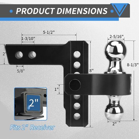 Adjustable Trailer Hitch, Fits 2-Inch Receiver Heavy Duty Aluminum Tow Hitch, 6-Inch Drop/Rise for Truck (12,500 LBS GTW) - Double Anti-Theft Locking Hitch Pins (Black) in Saudi Arabia