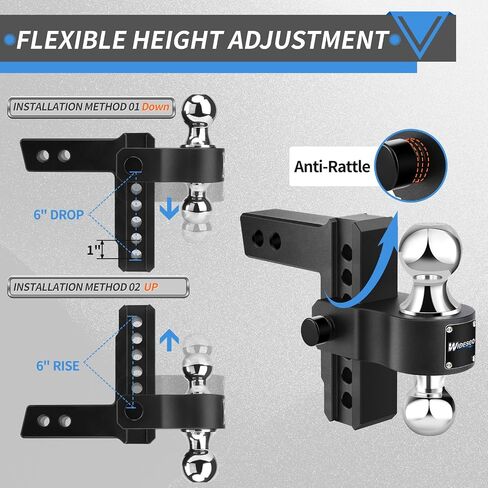 Adjustable Trailer Hitch, Fits 2-Inch Receiver Heavy Duty Aluminum Tow Hitch, 6-Inch Drop/Rise for Truck (12,500 LBS GTW) - Double Anti-Theft Locking Hitch Pins (Black) in Saudi Arabia