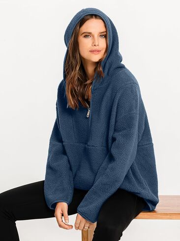 Glamaker Women's Oversized Sherpa Hoodies Fuzzy Fleece Quarter Zip Pullover Sweatshirts Fall Outfits With Pockets in Saudi Arabia