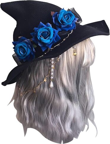Rose Witch Hat Lolita Knit Witch Hat for Women Girls Wide-Brimmed Hat for Halloween Party in Saudi Arabia